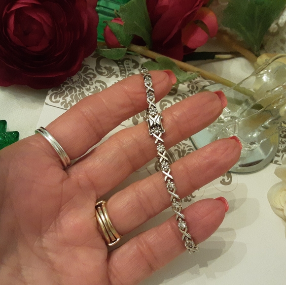 VINTAGE 925 SOLID STERLING SILVER CZ LOVE & KISSES TENNIS BRACELET - Picture 3 of 12
